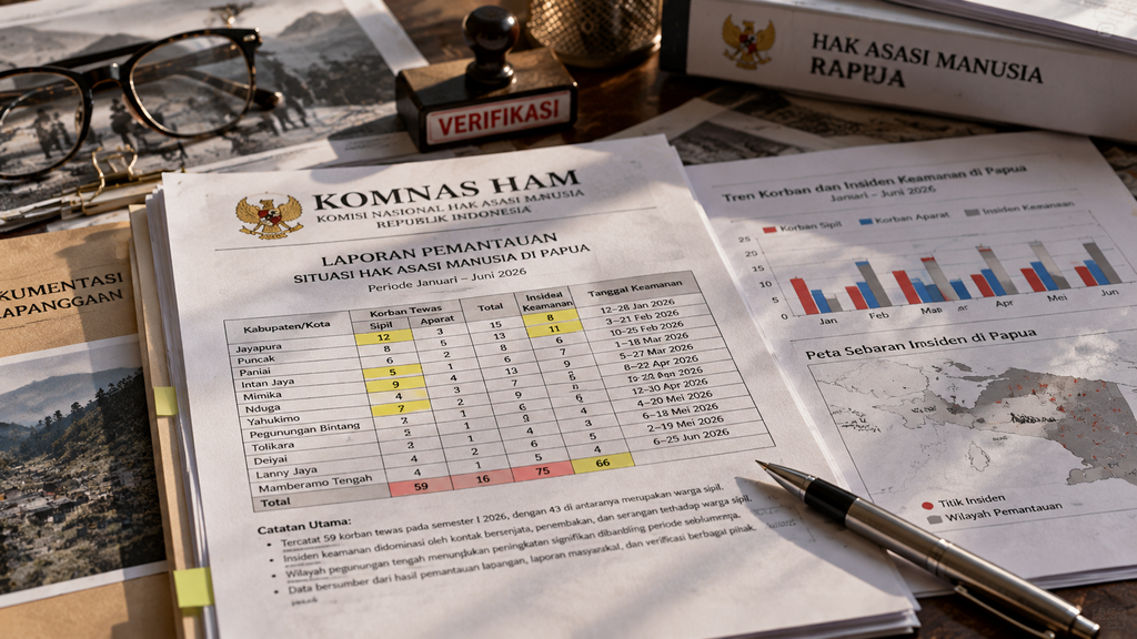 Berkas laporan pemantauan situasi hak asasi manusia dan konflik bersenjata Komnas HAM di atas meja telaah.